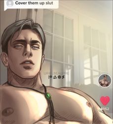 Rule 34 | 1boy, absurdres, artist name, bara, blonde hair, blue eyes, cover them up slut (meme), dialogue box, erwin smith, heart, highres, jewelry, large pectorals, looking at viewer, male focus, meme, muscular, muscular male, necklace, nipples, parted lips, pectoral focus, pectorals, shingeki no kyojin, short hair, solo, tiktok, upper body, urielbeaupre15
