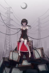 Rule 34 | 1girl, bare shoulders, bell, black choker, black dress, black footwear, black hair, choker, collarbone, commentary request, doll joints, dress, hair between eyes, highres, ji dao ji, jingle bell, joints, long hair, looking at viewer, moon, neck bell, original, parted lips, pigeon-toed, power lines, red eyes, shoes, sitting, sleeveless, sleeveless dress, solo, static, television, transmission tower