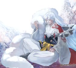 Rule 34 | 1boy, closed mouth, crescent, crescent facial mark, expressionless, facial mark, forehead mark, hexagon print, highres, inuyasha, japanese clothes, long hair, male focus, outdoors, pointy ears, sesshoumaru, sheath, sheathed, sitting, snow, solo, spikes, tree, umenchu7, whisker markings, white hair, white theme, winter, yellow eyes