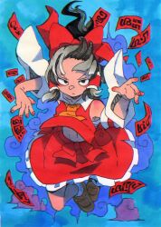 Rule 34 | 1girl, absurdres, ascot, black eyes, black hair, blue background, bow, chromatic aberration, closed mouth, floating, floating hair, forehead, frilled skirt, frills, frown, hair bow, hair tubes, hakurei reimu, highres, inuyama konan, long hair, looking at viewer, orange ascot, red bow, red skirt, red vest, sidelocks, skirt, smoke, solo, ticket, touhou, vest