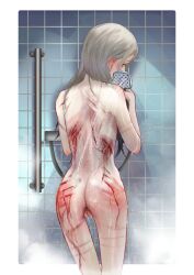 Rule 34 | 1girl, anus, ass, back, blood on body, blush, bruise on back, commentary, completely nude, cuts, ear blush, english commentary, from behind, gakuen idolmaster, highres, holding, holding shower head, idolmaster, injury, light brown hair, long hair, nude, pussy, rancidronin, shinosawa hiro, shower head, showering, skinny, solo, steam, tile wall, tiles, uncensored, very long hair