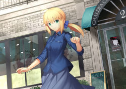 Rule 34 | 1girl, ahoge, alternate costume, artoria pendragon (all), artoria pendragon (fate), bangle, blonde hair, blue scrunchie, blue shirt, blue skirt, bracelet, breasts, brick wall, cafeteria, closed mouth, collared shirt, commentary request, day, dress shirt, fate/stay night, fate (series), fujimaru ritsuka (female), green eyes, hair between eyes, hair ornament, hair scrunchie, hand up, jewelry, long hair, long sleeves, looking at viewer, low ponytail, mash kyrielight, mishiro (ixtlolton), outdoors, ponytail, railing, saber (fate), scrunchie, shirt, skirt, small breasts, smile, solo, window