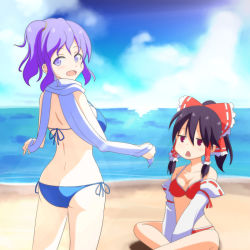 Rule 34 | 2girls, :d, adapted costume, alternate hairstyle, ass, back, bare back, beach, bikini, black hair, blue eyes, blue hair, blush, bow, breasts, brown hair, butt crack, cato (monocatienus), chestnut mouth, day, detached sleeves, hair bow, hair tubes, hakurei reimu, indian style, jitome, large breasts, letty whiterock, looking at viewer, medium breasts, multiple girls, open mouth, purple eyes, red eyes, scarf, side-tie bikini bottom, side ponytail, sitting, sky, smile, swimsuit, touhou, unamused