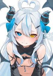 1girl :3 absurdres akugaki_koa antenna_hair bare_shoulders bikini black_sleeves blue_bow blue_eyes blush bow breasts closed_mouth commentary_request commission demon_girl demon_horns demon_tail demon_wings detached_sleeves diamond-shaped_pupils diamond_(shape) fang grey_hair hair_bow hair_ornament hairclip heterochromia highres horns idol_corp long_hair looking_at_viewer pixiv_commission simple_background small_breasts smile solo swimsuit symbol-shaped_pupils tail uohara_shinji very_long_hair virtual_youtuber white_background white_bikini wings yellow_eyes