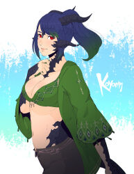 Rule 34 | 1girl, artist name, au ra, bikini, bikini top only, black hair, black horns, breasts, cleavage, commission, dragon horns, dragon tail, final fantasy, final fantasy xiv, from side, gradient hair, green bikini, highres, horns, koyorin, looking at viewer, medium breasts, multicolored hair, open clothes, open shirt, ponytail, red eyes, scales, solo, swimsuit, tail, warrior of light (ff14)