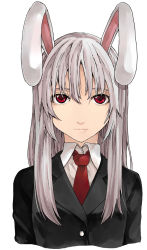 Rule 34 | 1girl, animal ears, blazer, buttons, collared shirt, expressionless, jacket, kurokoeda, light purple hair, long hair, looking at viewer, necktie, rabbit ears, red eyes, red necktie, reisen udongein inaba, shirt, simple background, solo, touhou, upper body, white background, white shirt
