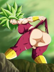 Rule 34 | 1girl, absurdres, arm up, armlet, ass, ass focus, breasts, charge sol, cleft of venus, dragon ball, dragon ball super, earrings, green eyes, green hair, highres, huge ass, jewelry, kefla (dragon ball), large breasts, legs, muscular, muscular female, pussy, sideboob, smile, solo, thick thighs, thighs, torn clothes, torn legwear