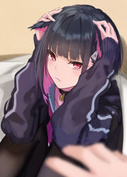 Rule 34 | 1girl, absurdres, animal ears, black hair, black hoodie, black pantyhose, blue archive, blush, cat ears, closed mouth, collarbone, colored inner hair, covering own ears, ears down, frown, highres, hood, hoodie, kazusa (blue archive), kuro shiraga, long sleeves, looking at viewer, multicolored hair, pantyhose, pov, pov hands, red shorts, short hair, shorts, sleeves past wrists, solo