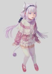 Rule 34 | 10s, 1girl, absurdres, beads, black bow, black hairband, blue eyes, blunt bangs, bow, capelet, dragon girl, dragon horns, dragon tail, dress, eyelashes, full body, grey background, hair beads, hair bow, hair ornament, hairband, highres, horns, kanna kamui, kobayashi-san chi no maidragon, light purple hair, long hair, long sleeves, looking at viewer, pink footwear, shoes, simple background, slit pupils, solo, tail, thighhighs, tunapon01, twintails, white thighhighs, zettai ryouiki