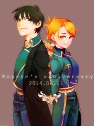 Rule 34 | 1boy, 1girl, 2014, amestris military uniform, anniversary, arms behind back, back-to-back, black coat, black eyes, black hair, blonde hair, coat, dated, earrings, english text, feet out of frame, fley3black, flower, fullmetal alchemist, grey background, height difference, jewelry, lily (flower), looking at viewer, military, military uniform, orange flower, orange rose, pink flower, pink rose, red flower, red rose, riza hawkeye, rose, roy mustang, simple background, smile, standing, text focus, uniform, white flower, white rose, yellow eyes, yellow flower, yellow rose