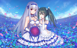 Rule 34 | 10s, 2girls, alternate costume, alternate eye color, bad id, bad pixiv id, bouquet, breasts, dress, echj, elbow gloves, flower, gloves, green eyes, green hair, headband, kantai collection, large breasts, long hair, long sleeves, multiple girls, one eye closed, petals, red eyes, red flower, red rose, rose, shoukaku (kancolle), silver hair, small breasts, tongue, tongue out, twintails, white dress, zuikaku (kancolle)