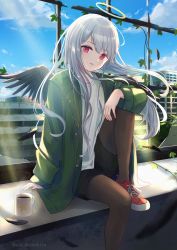 Rule 34 | 1girl, abandoned, azuazu 0405, black feathers, black shorts, black wings, broken window, brown pantyhose, building, coffee, commentary, cup, day, english commentary, fallen angel, feathered wings, feathers, feet out of frame, green jacket, halo, highres, jacket, knee up, pantyhose under shorts, long hair, long sleeves, looking at viewer, mug, open clothes, open jacket, original, overgrown, pantyhose, parted lips, railing, red eyes, red footwear, ruins, shirt, shoes, short shorts, shorts, silver hair, sitting, sleeves past wrists, solo, steam, twitter username, very long hair, white shirt, wings