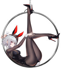 Rule 34 | 1girl, absurdres, animal ears, ass, black footwear, black leotard, black pantyhose, closed mouth, commentary, fake animal ears, fake tail, from side, grey hair, high heels, highres, leotard, long legs, looking at viewer, lying, on back, original, pantyhose, playboy bunny, purple eyes, rabbit ears, rabbit tail, short hair, solo, spider apple, symbol-only commentary, tail, thighs, white background, wrist cuffs