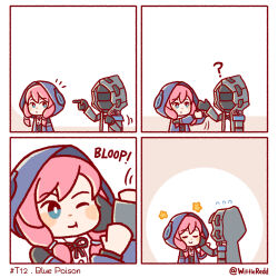 Rule 34 | 1girl, 1other, 4koma, ?, ambiguous gender, arknights, black coat, black gloves, black jacket, blue eyes, blue poison (arknights), chibi, coat, comic, commentary, doctor (arknights), english commentary, flying sweatdrops, gloves, guided petting, helm, helmet, highres, hood, hood up, hooded coat, hooded jacket, jacket, long hair, long sleeves, open clothes, open jacket, petting, pink hair, pointing, silent comic, twintails, twitter username, wittle red