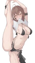 Rule 34 | 1girl, absurdres, ahoge, armpits, bikini, black bikini, breasts, brown eyes, brown hair, chyraliss, clothes in mouth, clothes lift, crossed bangs, frills, glasses, highleg, highleg bikini, highres, hololive, hololive english, leg up, medium breasts, medium hair, mouth hold, multicolored hair, nanashi mumei, navel, open mouth, shirt, shirt in mouth, shirt lift, split, standing, standing on one leg, standing split, stomach, streaked hair, swimsuit, thighs, virtual youtuber, white background, white shirt