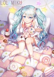Rule 34 | 1girl, aqua eyes, aqua hair, bow, bowtie, candy, character name, closed mouth, collarbone, cupcake, doughnut, food, frilled skirt, frills, hair between eyes, hair ornament, hair scrunchie, hand on own cheek, hand on own face, hatsune miku, holding, holding stuffed toy, indoors, lol -lots of laugh- (vocaloid), long hair, long sleeves, looking at viewer, neckerchief, on bed, pillow, pink bow, pink bowtie, roang, sailor collar, school uniform, scrunchie, serafuku, shirt, sitting, skirt, smile, socks, solo, stuffed animal, stuffed rabbit, stuffed toy, sweets, twintails, very long hair, vocaloid, wavy hair, white shirt, white skirt, white socks