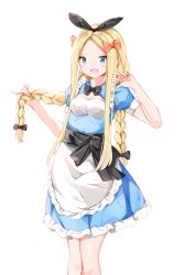 Rule 34 | 1girl, :d, abigail williams (fate), absurdres, apron, black bow, black ribbon, blonde hair, blue dress, blue eyes, blush, bow, braid, commentary request, dress, fate/grand order, fate (series), feet out of frame, forehead, frilled apron, frilled dress, frills, hair bow, hair ribbon, hands up, highres, holding, holding hair, long hair, looking at viewer, open mouth, orange bow, parted bangs, pleated dress, puffy short sleeves, puffy sleeves, ribbon, short sleeves, simple background, smile, solo, standing, thick eyebrows, twin braids, very long hair, w, white apron, white background, yukaa