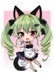 Rule 34 | 1girl, absurdres, airi (akamichiaika), alternate costume, anchovy (girls und panzer), animal ears, bell, black bow, blush, bow, brown eyes, cat ears, cat tail, chibi, drill hair, enmaided, fake animal ears, fake tail, fishnet pantyhose, fishnets, girls und panzer, green hair, hair bow, highres, long hair, looking at viewer, maid, neck bell, open mouth, pantyhose, smile, solo, tail, twin drills, wrist cuffs