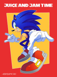 1boy artist_name azure_blue_world blue_fur full_body furry furry_male gloves green_eyes hedgehog_boy highres looking_at_viewer male_focus red_footwear shoes short_tail smile sneakers solo sonic_(series) sonic_the_hedgehog sonic_the_hedgehog_(archie_comics) tail teeth tracy_yardley_(style) white_gloves