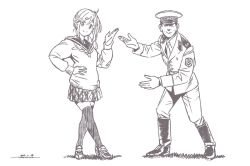 Rule 34 | 1boy, 1girl, boots, brown theme, closed mouth, crossed legs, dated, fang, hand on own hip, hat, horikou, inuyama aoi, jacket, long sleeves, looking at viewer, military, military jacket, military uniform, monochrome, peaked cap, pleated skirt, real life, school uniform, serafuku, signature, simple background, skin fang, skirt, smile, soldier, soviet, soviet army, standing, sweater, thighhighs, unfinished, uniform, white background, yurucamp