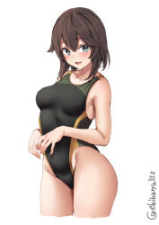 Rule 34 | 1girl, alternate costume, blush, breasts, brown hair, cleavage, competition swimsuit, cowboy shot, ebifurya, green one-piece swimsuit, grey eyes, hayasui (kancolle), highleg, highleg swimsuit, highres, kantai collection, looking at viewer, medium breasts, medium hair, one-piece swimsuit, simple background, smile, swimsuit, twitter username, two-tone swimsuit, white background