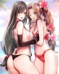 Rule 34 | 2girls, absurdres, aerith gainsborough, ass, asymmetrical docking, bikini, black bikini bottom, black gloves, black hair, breast press, breasts, brown hair, costa del sol, day, elbow gloves, final fantasy, final fantasy vii, final fantasy vii remake, fingerless gloves, flower, frilled bikini, frills, from side, gloves, green eyes, hair flower, hair ornament, hand on another&#039;s chest, highres, large breasts, long hair, looking at viewer, looking to the side, low-tied long hair, multiple girls, navel, one eye closed, open mouth, outdoors, ponytail, red bikini, red eyes, red flower, shoji sakura, smile, swimsuit, tifa lockhart, very long hair, w, wavy hair, white bikini