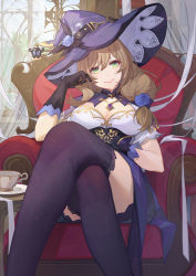 Rule 34 | 1girl, armchair, black gloves, black thighhighs, blue flower, blue rose, breasts, brown hair, capelet, catsmoon, chair, cleavage, crossed legs, cup, flower, genshin impact, gloves, green eyes, hair between eyes, hair flower, hair ornament, hair over shoulder, hat, hat flower, head tilt, highres, indoors, large breasts, legs, lisa (genshin impact), long hair, looking at viewer, low-tied long hair, purple capelet, rose, saucer, short sleeves, sitting, solo, table, teacup, thighhighs, underbust, vision (genshin impact), wind, window, witch, witch hat