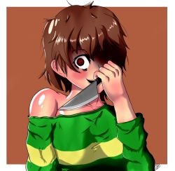 Rule 34 | blush, brown hair, chara (undertale), evil smile, long sleeves, red eyes, shirt, simple background, smile, soulphraser, spoilers, striped clothes, striped shirt, undertale