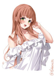 Rule 34 | 1girl, alternate costume, bare shoulders, blunt bangs, blush, breasts, cleavage, collarbone, cropped torso, dress, ebifurya, hand up, helena (kancolle), highres, kantai collection, large breasts, long hair, one-hour drawing challenge, open mouth, orange hair, short sleeves, simple background, smile, solo, twitter username, upper body, white background, white dress, yellow eyes