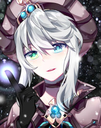 Rule 34 | 1girl, ainchase ishmael, black gloves, blue eyes, chuki (lydia), elsword, glint, gloves, green eyes, heterochromia, highres, index finger raised, looking at viewer, open mouth, upper body
