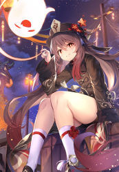 Rule 34 | 1girl, bad id, bad twitter id, black coat, black hat, black shorts, blush, breasts, brown hair, coat, coattails, fal maro, flower, genshin impact, hat, hat flower, highres, hu tao (genshin impact), long hair, long sleeves, looking at viewer, plum blossoms, red eyes, revision, shorts, small breasts, solo, symbol-shaped pupils, thighs, twintails, very long hair