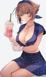 Rule 34 | 1girl, alternate costume, black skirt, blush, breasts, brown hair, cleavage, commentary request, drink, drinking straw, earrings, gloves, green eyes, grey background, hair between eyes, highres, holding, holding drink, jewelry, kantai collection, kasumi (skchkko), large breasts, mutsu (kancolle), necklace, polka dot, polka dot skirt, short hair, skirt, solo, white gloves