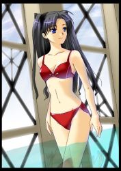Rule 34 | 00s, 1girl, bikini, black hair, blue eyes, bow, day, fate/stay night, fate (series), female focus, hair bow, hair ribbon, long hair, red bikini, ribbon, solo, swimsuit, tohsaka rin, twintails, two side up