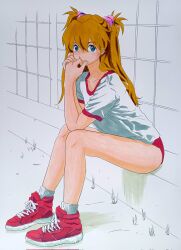 Rule 34 | 1girl, artist request, ass, bare legs, blue eyes, breasts, brown hair, buruma, full body, gym uniform, hair between eyes, highres, long hair, looking at viewer, neon genesis evangelion, red buruma, shirt, shoes, sitting, sneakers, solo, souryuu asuka langley, thighs, traditional media, twintails, two side up, very long hair, white background, white shirt, wide hips