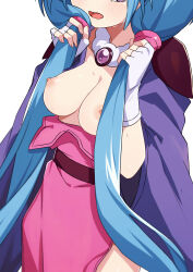 Rule 34 | 1girl, blue hair, breasts, breasts out, cleavage, fingerless gloves, gloves, haou taikei ryuu knight, head out of frame, highres, holding, holding own hair, long hair, medium breasts, morisobo, nipples, open mouth, paffy pafuricia, purple eyes, simple background, solo, twintails, very long hair, white background, white gloves