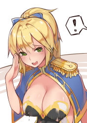 Rule 34 | !, 1girl, blonde hair, blush, bodypaint, breasts, capelet, dripping, epaulettes, green eyes, heart, heart-shaped pupils, highres, large breasts, leaning forward, long hair, looking at viewer, open mouth, painted clothes, ponytail, saliva, salute, smile, solo, stmast, symbol-shaped pupils, tears, upper body, vanguard (warship girls r), warship girls r