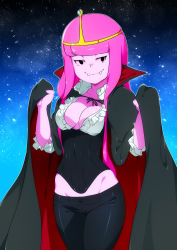 Rule 34 | 1girl, adventure time, black cape, black pants, blunt bangs, breasts, cape, cape lift, cleavage, collarbone, colored skin, corset, cowboy shot, facing viewer, fangs, fangs out, frills, groin, hands up, highres, jcm2, long hair, looking at viewer, lowleg, lowleg pants, medium breasts, no bra, outline, pants, pink hair, pink skin, princess bonnibel bubblegum, red cape, shiny clothes, shirt, small breasts, smile, solo, space, standing, star (symbol), starry background, tiara, two-sided cape, two-sided fabric, vampire, white outline, white shirt