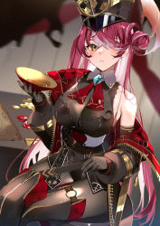 Rule 34 | 1girl, absurdres, black footwear, black gloves, black jacket, black leotard, blush, bodystocking, boots, breasts, cleavage, eyes visible through hair, gloves, hair bun, hair over one eye, hat, heterochromia, highres, holding, hololive, houshou marine, houshou marine (marching band), jacket, kasumi komo, large breasts, leotard, long hair, long sleeves, multicolored hair, off shoulder, open clothes, open jacket, parted lips, puffy long sleeves, puffy sleeves, red eyes, red hair, see-through, see-through cleavage, shako cap, single side bun, sitting, solo, thigh boots, two-tone hair, very long hair, virtual youtuber, white hair, yellow eyes