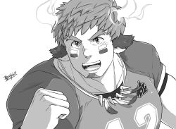 Rule 34 | 1boy, american football uniform, animal ears, bara, clenched hand, close-up, cow boy, cow ears, facial hair, fiery horns, forked eyebrows, goatee, greyscale, hijirino yuuta, horns, male focus, monochrome, muscular, muscular male, pectorals, shirt, short hair, short sleeves, smile, solo, sportswear, thick eyebrows, tight clothes, tight shirt, tokyo houkago summoners, upper body, wakan tanka