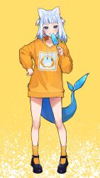 Rule 34 | 1girl, absurdres, alternate costume, animal ears, black footwear, blue eyes, blue hair, blunt bangs, cat ears, commentary, drawstring, earrings, fins, fish tail, food, full body, gawr gura, grin, hair ornament, highres, holding, holding food, hololive, hololive english, hood, hoodie, jewelry, long sleeves, looking at viewer, mary janes, medium hair, multicolored hair, nasi nine, no pants, orange hoodie, orange socks, popsicle, shark girl, shark hair ornament, shark tail, shoes, sidelocks, single earring, smile, socks, solo, standing, straight-on, streaked hair, symbol-only commentary, tail, two side up, virtual youtuber, white hair, yellow background