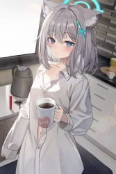 Rule 34 | 1girl, :o, absurdres, blue archive, blue eyes, breasts, bright pupils, button gap, coffee, cross hair ornament, cup, hair ornament, highres, holding, holding cup, kitchen, looking at viewer, mismatched pupils, nannung, navel, off shoulder, shiroko (blue archive), shirt, sleeves past fingers, sleeves past wrists, small breasts, solo, white pupils, white shirt