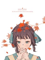Rule 34 | 1girl, aqua eyes, autumn leaves, black hair, dated, english text, hands up, highres, illione527, lanxi zhen, leaf, li qingning (the legend of luoxiaohei), own hands together, simple background, solo, luo xiaohei zhanji, upper body, white background