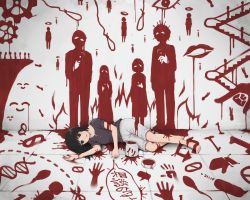 Rule 34 | 1girl, black eyes, black hair, commentary, dna, dying message, escalator, fake blood, fire, halo, handprint, holding, holding phone, long hair, lying, noose, on side, original, phone, shorts, silhouette, sperm cell, translation request, yajirushi (chanoma)