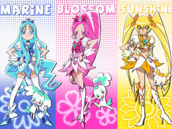 Rule 34 | 10s, 3girls, blue skirt, boots, bow, brooch, character name, chypre (heartcatch precure!), coffret (heartcatch precure!), cure blossom, cure marine, cure sunshine, floral background, flower, halftone, halftone background, hanasaki tsubomi, heart, heart brooch, heartcatch precure!, highres, jewelry, knee boots, kurumi erika, light smile, looking at viewer, multiple girls, myoudouin itsuki, official art, official wallpaper, orange bow, pink bow, potpourri (heartcatch precure!), precure, skirt, standing, sunflower, umakoshi yoshihiko, wallpaper, yellow bow
