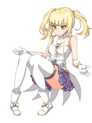 Rule 34 | 1girl, :|, angelic buster, bare shoulders, beta (maplestory), blonde hair, boots, bow, bracelet, breasts, character request, closed mouth, collared dress, dress, dulldull, footwear bow, full body, gloves, gold bracelet, gold trim, hair bow, jewelry, knees together feet apart, knees up, looking down, maplestory, medium breasts, medium hair, miniskirt, orange eyes, pleated skirt, purple skirt, shoes, simple background, skirt, sleeveless, sleeveless dress, solo, thighhighs, twintails, white background, white dress, white footwear, white gloves, white thighhighs