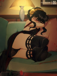 Rule 34 | 1girl, ass, black hair, black panties, black thighhighs, blood, blood on face, bloody weapon, bluethebone, commentary, couch, dagger, english commentary, glint, hairband, high heels, highres, indoors, knife, lamp, on couch, panties, patreon username, pillow, red eyes, retro artstyle, solo, spy x family, stiletto (weapon), thighhighs, underwear, weapon, yor briar
