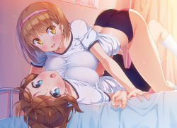 Rule 34 | 2girls, :o, absurdres, all fours, ass, bike shorts, blue eyes, blush, breast press, breasts, brown hair, buruma, commentary request, curtains, girl on top, gym uniform, hairband, highres, indoors, kazuma (kazumav), large breasts, looking at viewer, lying, multiple girls, on back, on bed, open mouth, original, pink hairband, ponytail, shirt, short hair, short sleeves, sweat, symmetrical docking, top-down bottom-up, white shirt, yellow eyes, yuri