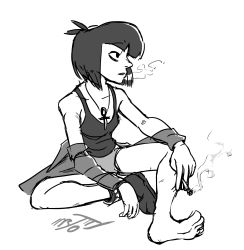 Rule 34 | 1girl, black eyes, black hair, black shirt, bob cut, cigarette, creepy susie, feet, highres, shirt, shoes, short hair, simple background, sitting, smoke, smoking, solo, the oblongs, undead hipster, white background