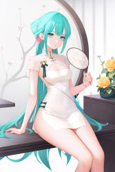 Rule 34 | 1girl, absurdres, alternate costume, alternate hairstyle, aqua eyes, aqua hair, aqua nails, blunt bangs, breasts, china dress, chinese clothes, cleavage, cleavage cutout, clothing cutout, dress, flower, hair flower, hair ornament, hand fan, hatsune miku, highres, holding, holding fan, long hair, looking at viewer, nail polish, negi3, on table, parted lips, plant, potted plant, rose, shaohua hatsune miku, short dress, side slit, sitting, small breasts, solo, table, thighs, very long hair, vocaloid, white dress, yellow flower, yellow rose