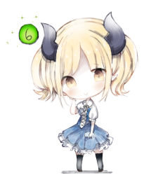 Rule 34 | 1girl, bad id, bad pixiv id, black thighhighs, blonde hair, blouse, blue dress, blush, brown eyes, brown footwear, chibi, closed mouth, collared shirt, cottontailtokki, curled horns, dress, full body, gremory (shadowverse), head tilt, horns, parted bangs, pleated dress, puffy short sleeves, puffy sleeves, shadowverse, shirt, short sleeves, smile, solo, sparkle, standing, strapless, strapless dress, thighhighs, twintails, white background, white shirt